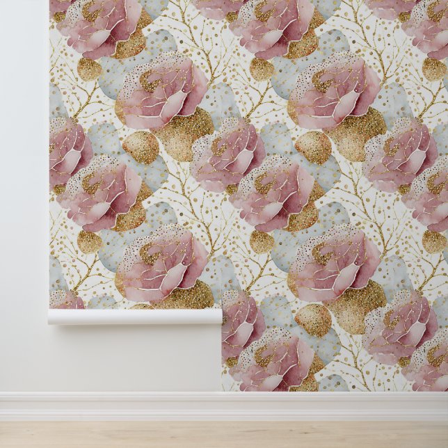 Papel Pintado Rosas rosadas y oro (Solicitud)