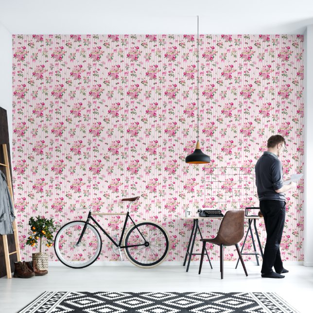 Papel Pintado Rosas rosas rosadas de época Coquette Bandas De Ba (Sala de estar)