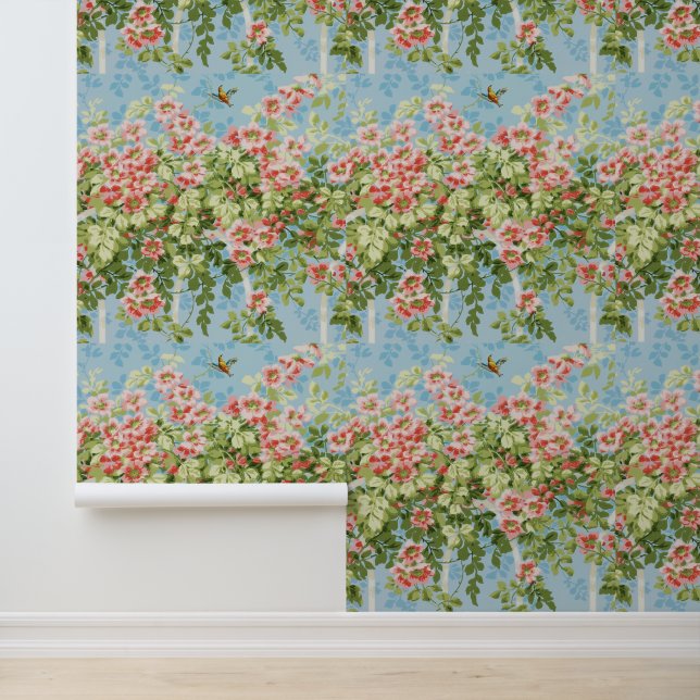 Papel Pintado Rosas SALVAJES, HOJAS VERDES, AVES VOLADORAS EN CI (Solicitud)