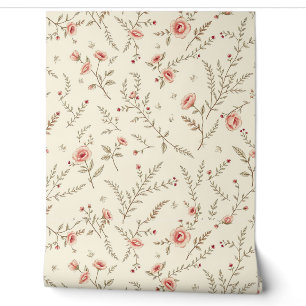 Papel Pintado Rosas y helechos salvajes de época en beige suave