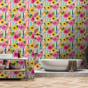 Papel Pintado Rosas y margaritas en rosa y amarillo sobre turque