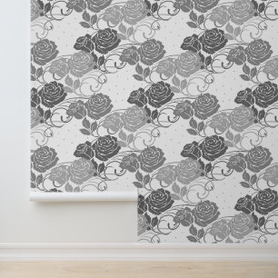 Papel Pintado Rosas y puntos florales grises de gran cosecha vic