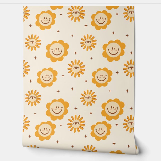 Papel Pintado Rostros de sonrisa hippie retro (Desenrollar)