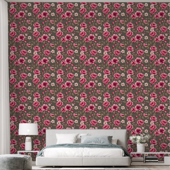 Papel Pintado Rosy Elegance: Floral de lujo en Mocha (Dormitorio)