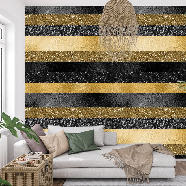 Papel Pintado Royal French Sparkle rayas negras y doradas (Royal French Sparkle black and golden stripes Wallpaper)