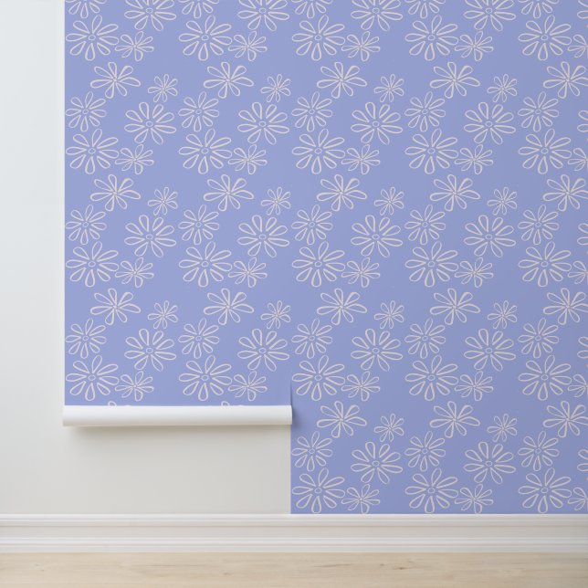 Papel Pintado Rubor de moda en Doodle de Flor Azul Periwinkle (Solicitud)