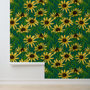 Papel Pintado Rudbekia amarilla en verde oscuro