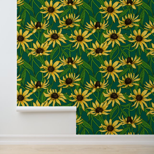 Papel Pintado Rudbekia amarilla en verde oscuro (Solicitud)