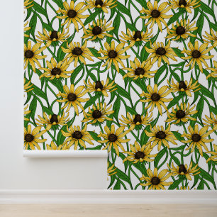 Papel Pintado Rudbekia amarilla sobre blanco