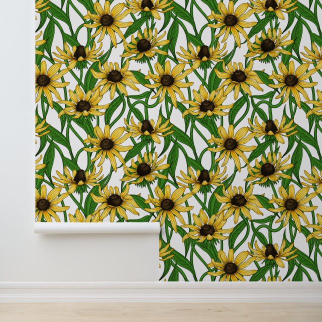 Papel Pintado Rudbekia amarilla sobre blanco (Solicitud)