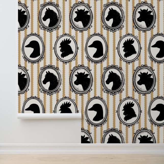 Papel Pintado Rustic Farm Kitchen Barnyard Black & Khaki Stripe (Solicitud)