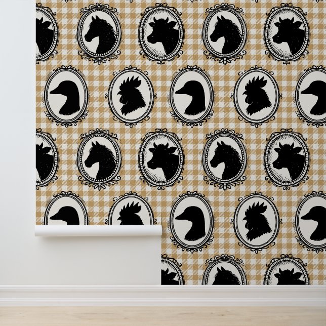 Papel Pintado Rustic Farm Kitchen Barnyard Gingham Black & Khaki (Solicitud)