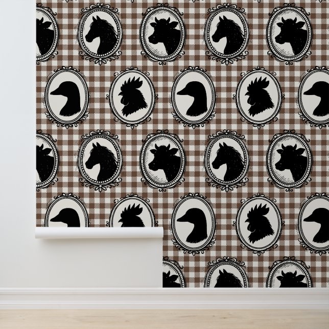 Papel Pintado Rustic Farm Kitchen Barnyard Gingham Black & Mocha (Solicitud)