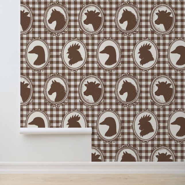 Papel Pintado Rustic Farm Kitchen Barnyard Gingham - Mocha Toile (Solicitud)