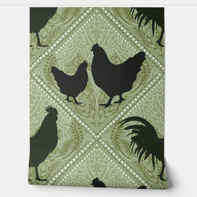 Papel Pintado Rustic Farmhouse Hen Pattern – In Green  (Desenrollar)