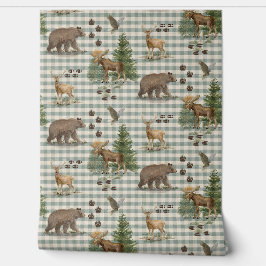 Papel Pintado Rustic Forest Bear Deer Moose Blue Watercolor