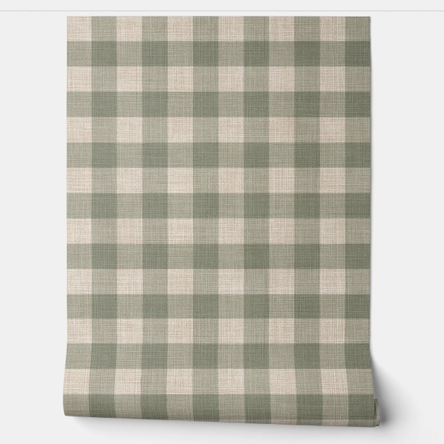 Papel Pintado Rustic Linen Buffalo Check Beige and Green Plaid (Desenrollar)