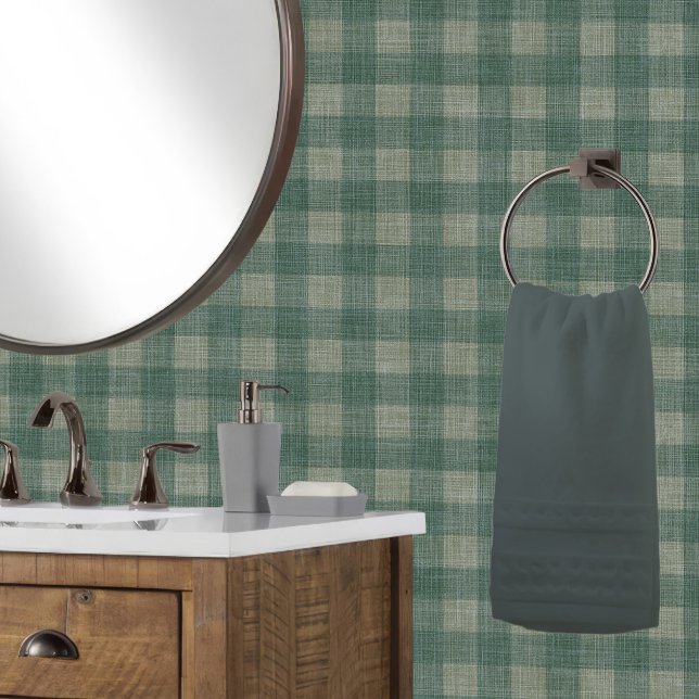 Papel Pintado Rustic Linen Buffalo Check Dark Blue Green Plaid (Tonal shades of lt. & dk. muted blue green are perfect for a rustic lake, forest or mountain cabin.)