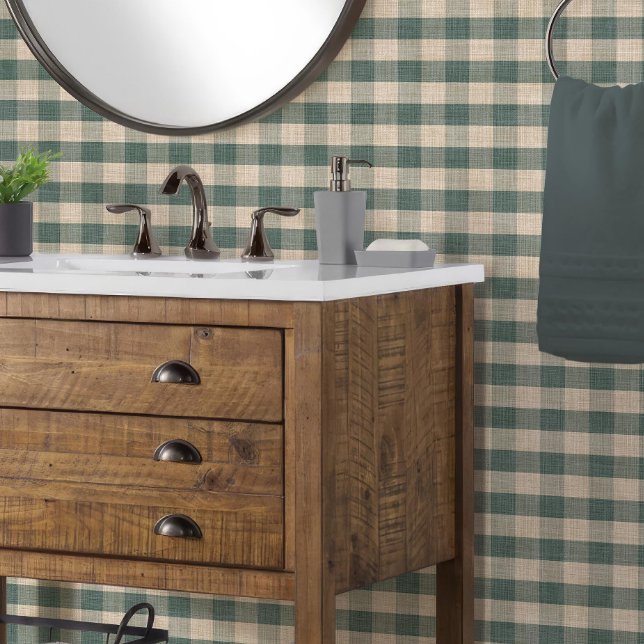 Papel Pintado Rustic Linen Look Buffalo Check Plaid Blue n Tan (rustic masculine mountain lodge cabin styled buffalo check plaid in dusty blue green and creamy tan
)