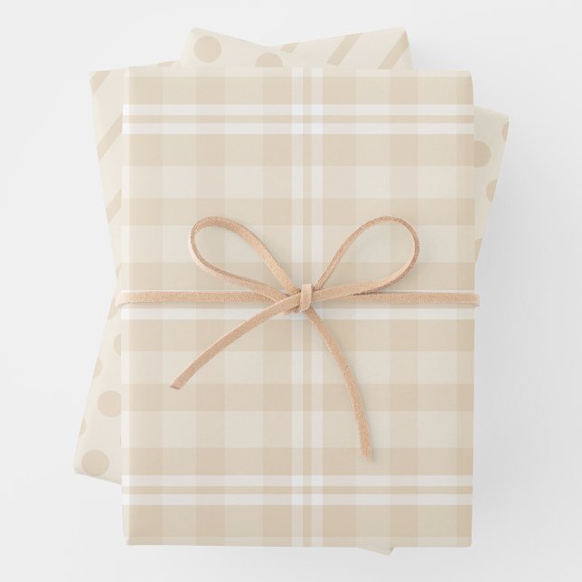 Papel pintado rústico de campo con cuadros, puntos (Rustic Country Chic Cream Plaid, Dots & Stripes Wrapping Paper Sheets)