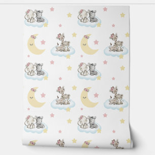 Papel Pintado Safari Animales Nubes Estrellas Luna Niñera Nurser