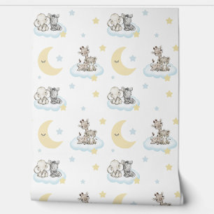 Papel Pintado Safari Animales Nubes Estrellas Nursera de Bebés