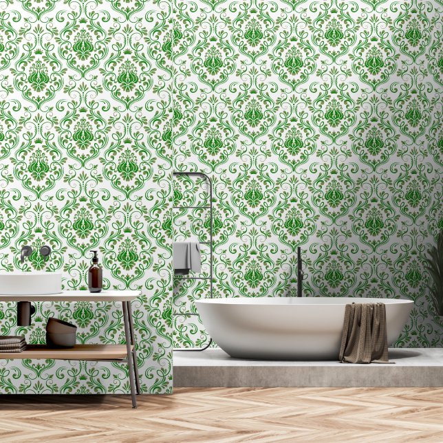 Papel Pintado Sage Green and Green Damask Floral pepita y palo (Baño)