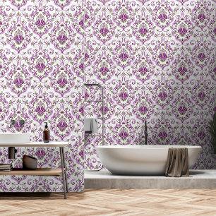 Papel Pintado Sage Green and Purple Damask Floral pepita y palo