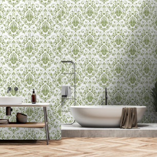 Papel Pintado Sage Green and White Damask Floral peinado y palo