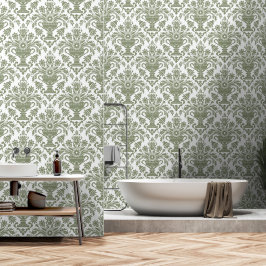 Papel Pintado Sage Green and White Damask Floral peinado y palo
