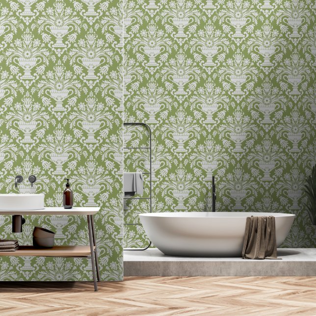 Papel Pintado Sage Green and White Damask Floral peinado y palo (Baño)