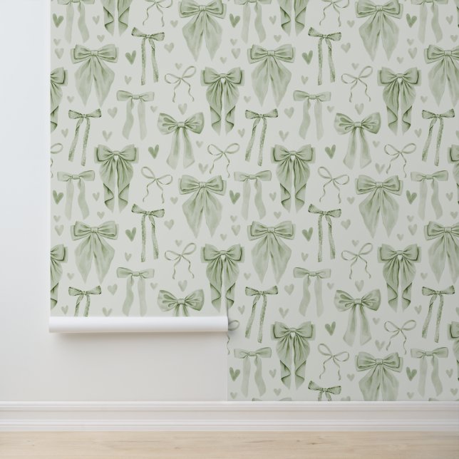 Papel Pintado Sage Green Bows and Hearts Nursery (Solicitud)