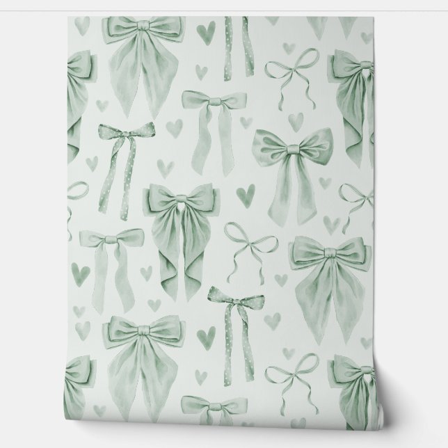 Papel Pintado Sage Green Bows and Hearts on Soft Green (Desenrollar)