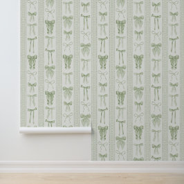 Papel Pintado Sage Green Bows and Lace in Vertical Stripes