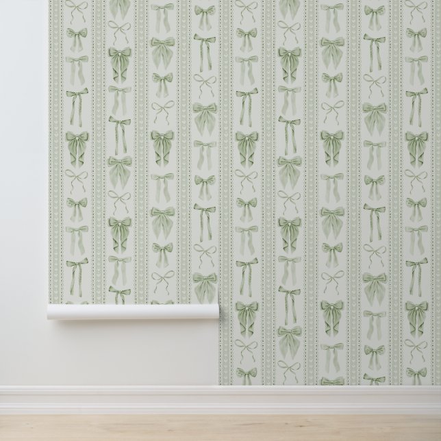 Papel Pintado Sage Green Bows and Lace in Vertical Stripes (Solicitud)