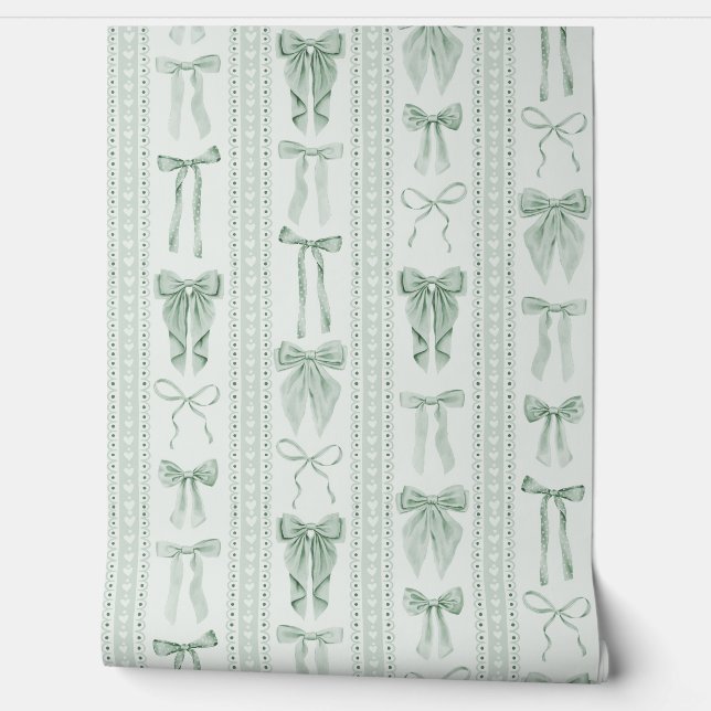 Papel Pintado Sage Green Bows and Lace Vertical Stripes (Desenrollar)