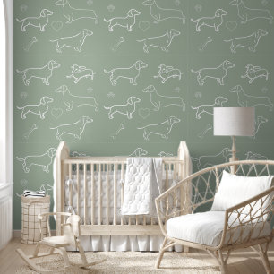 Papel Pintado Sage Green Dachshund Dog Pattern Silhouette