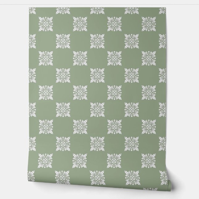 Papel Pintado Sage Green Geometric Floral Peinado y Palo (Desenrollar)