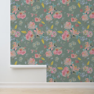 Papel Pintado Sage Green Peony Floral Watercolor Botánico