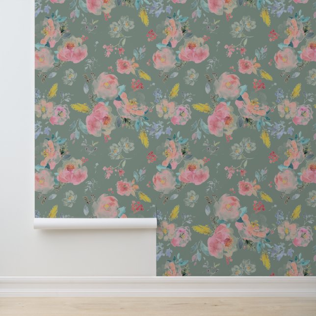 Papel Pintado Sage Green Peony Floral Watercolor Botánico (Solicitud)