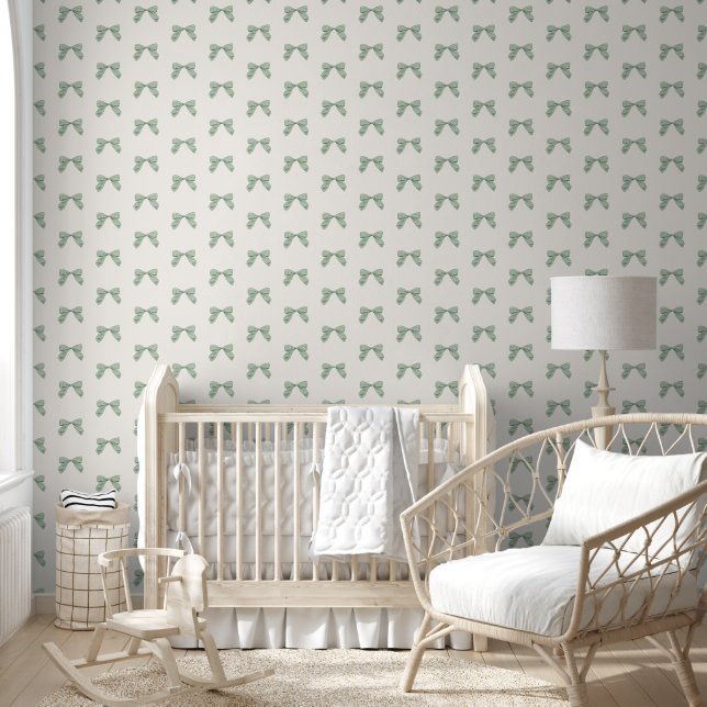 Papel Pintado Sage Green Plaid Bow Elegant Neutral Baby Nursery (Niños)