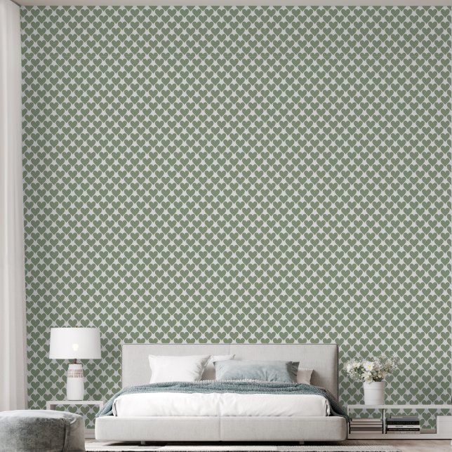 Papel Pintado Sage Green Serenity: Fácil aplicación - Corazones  (Dormitorio)