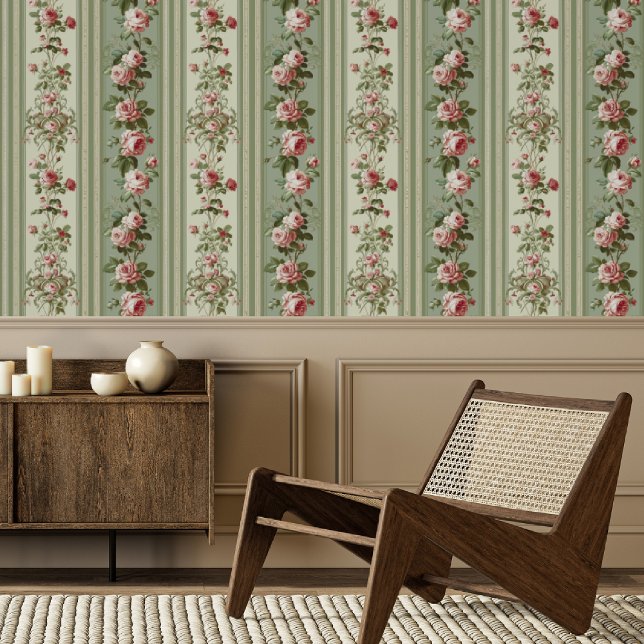 Papel Pintado Sage Green Stripe y Pink Rose Floral (Subido por el creador)