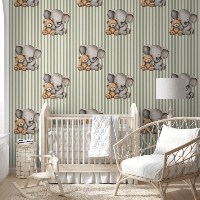 Papel Pintado Sage Green Striped Elephant and Teddy Bear  (Niños)