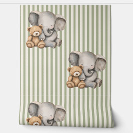 Papel Pintado Sage Green Striped Elephant and Teddy Bear 