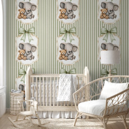 Papel Pintado Sage Green Striped Elephant and Teddy Bear 