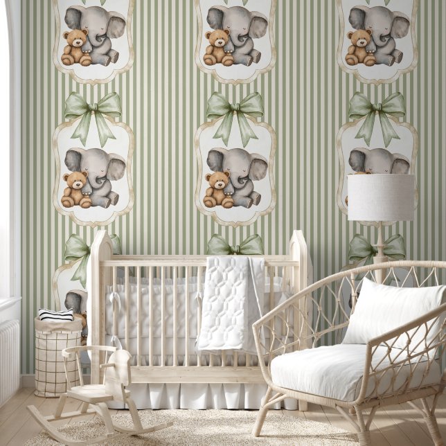 Papel Pintado Sage Green Striped Elephant and Teddy Bear  (Niños)