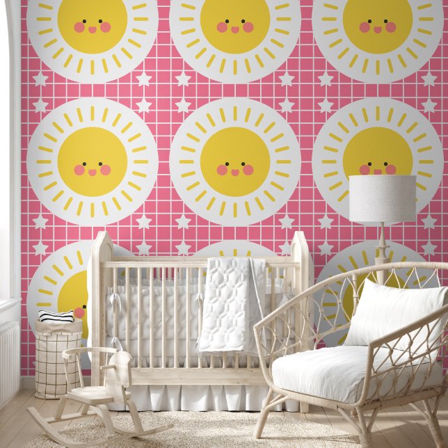 Papel Pintado Sala de guardería para niños con sol rosa suave (Niños)