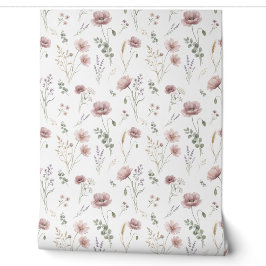 Papel Pintado Salvia Rosa Verde Flor Silvestre Aquarela