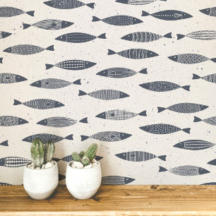 Papel Pintado Sardina Pescado Índigo Azul Crema